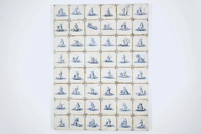 A field of 48 Dutch Delft blue and white tiles with shepherds, 17th C.